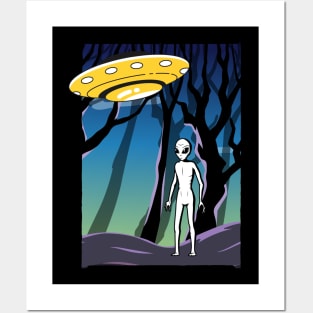 Ufo alien funny cute flying spaceship astronaut moon mars cosmic forest Posters and Art